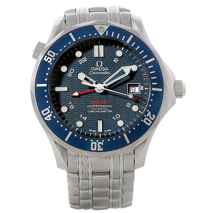 The image shows a front view of an Omega Seamaster 2535.80.00 Men
s Stainless Steel Blue Dial 2535.80.00 Men
s Stainless Steel Blue Dial watch, displaying the face, bezel, and bracelet parts.