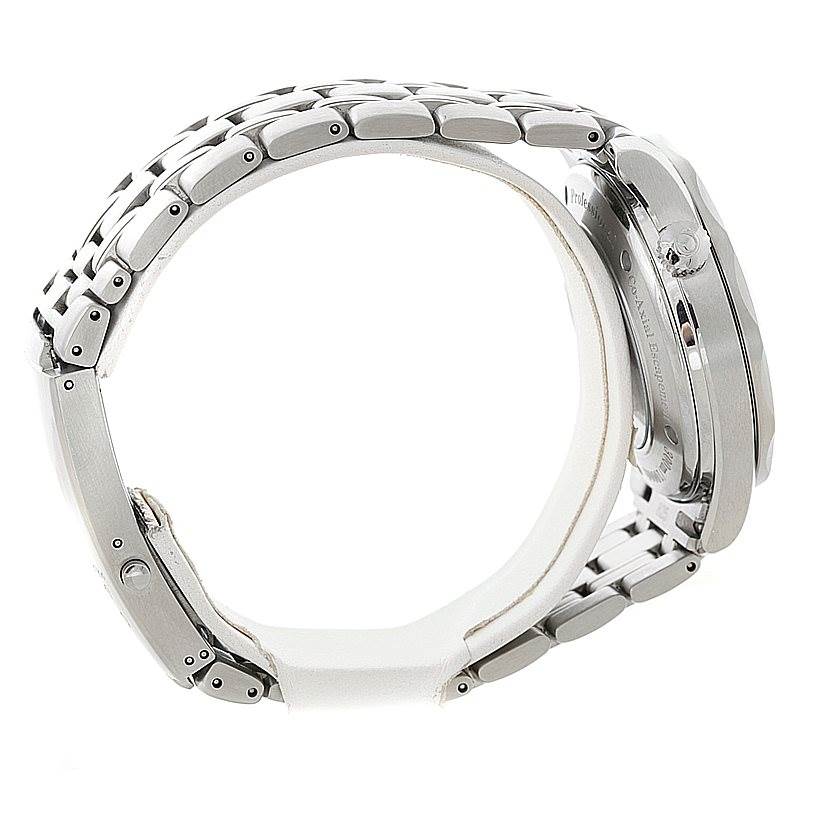 The image shows a side angle of the Omega Seamaster 2535.80.00 Men
s Stainless Steel Blue Dial 2535.80.00 Men
s Stainless Steel Blue Dial watch, highlighting its stainless steel bracelet and part of the case and back.