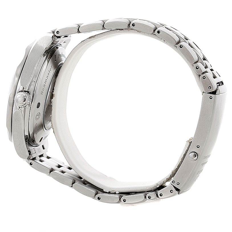 The image shows a side profile of the Omega Seamaster 2535.80.00 Men
s Stainless Steel Blue Dial 2535.80.00 Men
s Stainless Steel Blue Dial watch, displaying the crown, case, and metal bracelet.