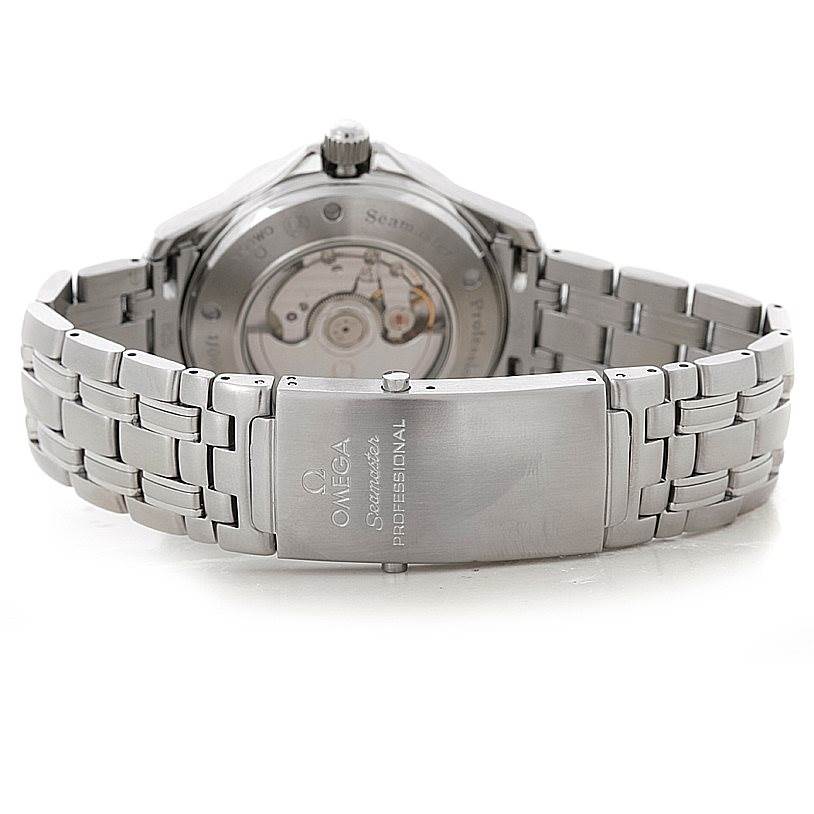 The image shows the rear angle of an Omega Seamaster 2535.80.00 Men
s Stainless Steel Blue Dial 2535.80.00 Men
s Stainless Steel Blue Dial watch, highlighting the clasp and exposed movement on the case back.