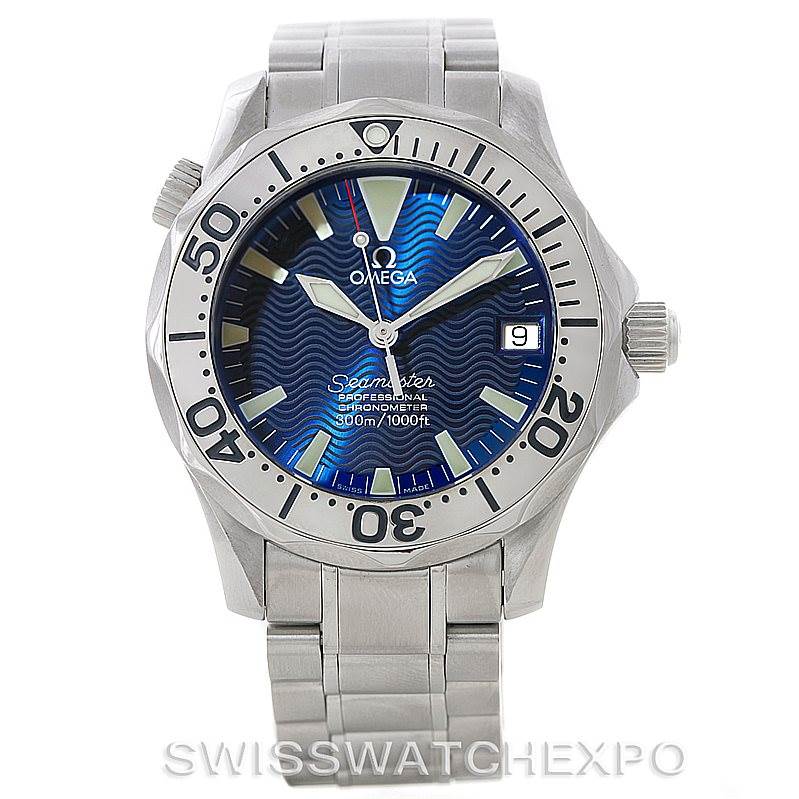 The Omega Seamaster 2253.80.00 Men
s Stainless Steel Blue Dial 2253.80.00 Men
s Stainless Steel Blue Dial watch is shown from a front angle, displaying the face, bezel, and bracelet.