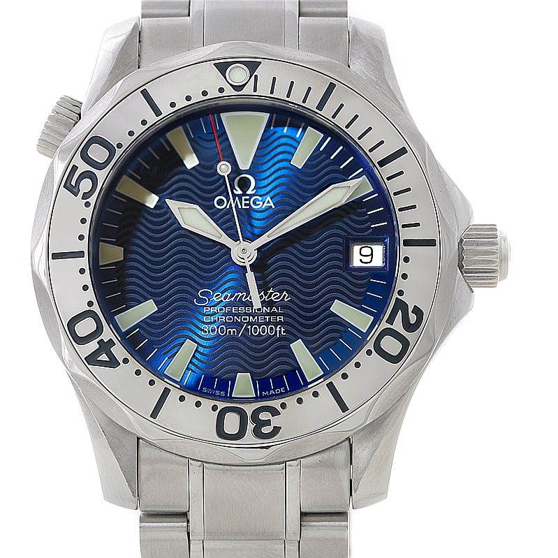 The image shows a front view of an Omega Seamaster 2253.80.00 Men
s Stainless Steel Blue Dial 2253.80.00 Men
s Stainless Steel Blue Dial watch, highlighting the dial, bezel, hands, and part of the bracelet. 