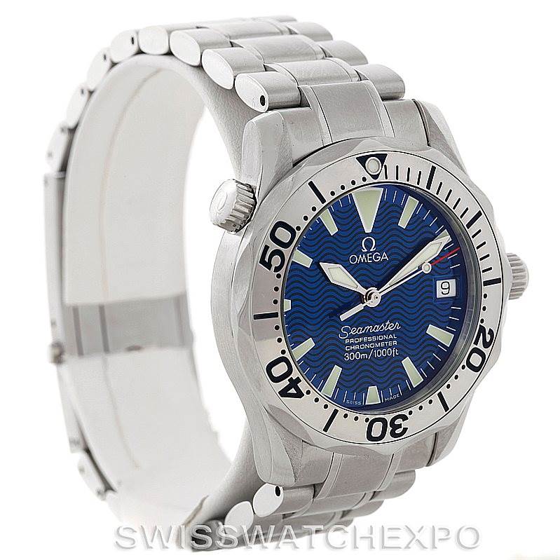 The image shows a three-quarter view of the Omega Seamaster 2253.80.00 Men
s Stainless Steel Blue Dial 2253.80.00 Men
s Stainless Steel Blue Dial watch, highlighting the face, bezel, crown, and bracelet.