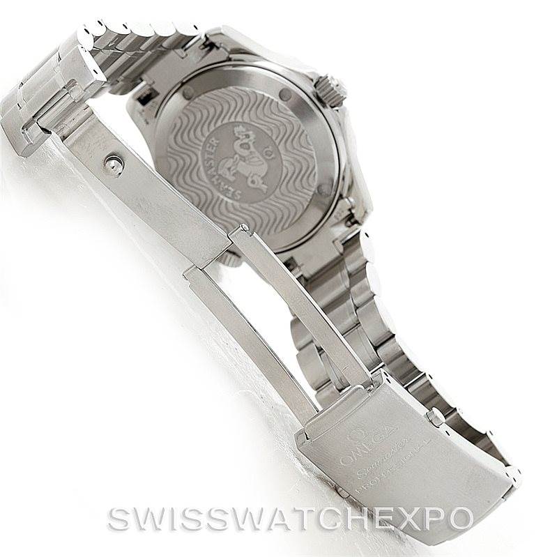 The image shows the Omega Seamaster 2253.80.00 Men
s Stainless Steel Blue Dial 2253.80.00 Men
s Stainless Steel Blue Dial
s closed deployment clasp, bracelet, and case back at an angle emphasizing the back.