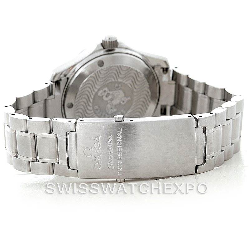 The image shows the back case and bracelet clasp of an Omega Seamaster 2253.80.00 Men
s Stainless Steel Blue Dial 2253.80.00 Men
s Stainless Steel Blue Dial watch from a rear angle.