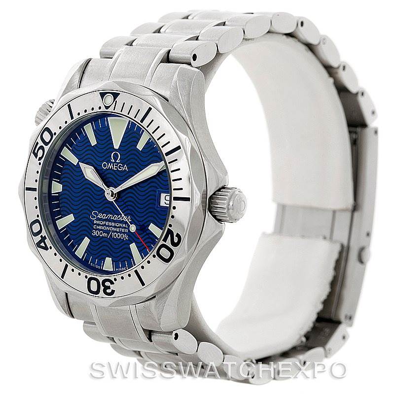 The Omega Seamaster 2253.80.00 Men
s Stainless Steel Blue Dial 2253.80.00 Men
s Stainless Steel Blue Dial is shown at an angle highlighting the dial, bezel, crown, and metal bracelet.