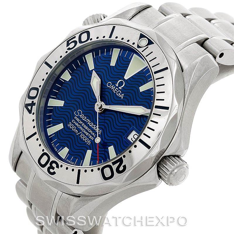 The Omega Seamaster 2253.80.00 Men
s Stainless Steel Blue Dial 2253.80.00 Men
s Stainless Steel Blue Dial watch is shown at an angle displaying the face, bezel, crown, and part of the bracelet.