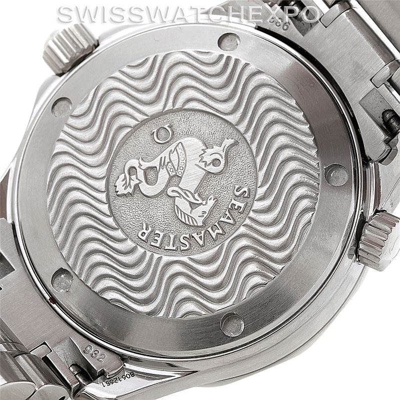 The image shows the back case of an Omega Seamaster 2253.80.00 Men
s Stainless Steel Blue Dial 2253.80.00 Men
s Stainless Steel Blue Dial watch, highlighting the engraved design and part of the metal bracelet.