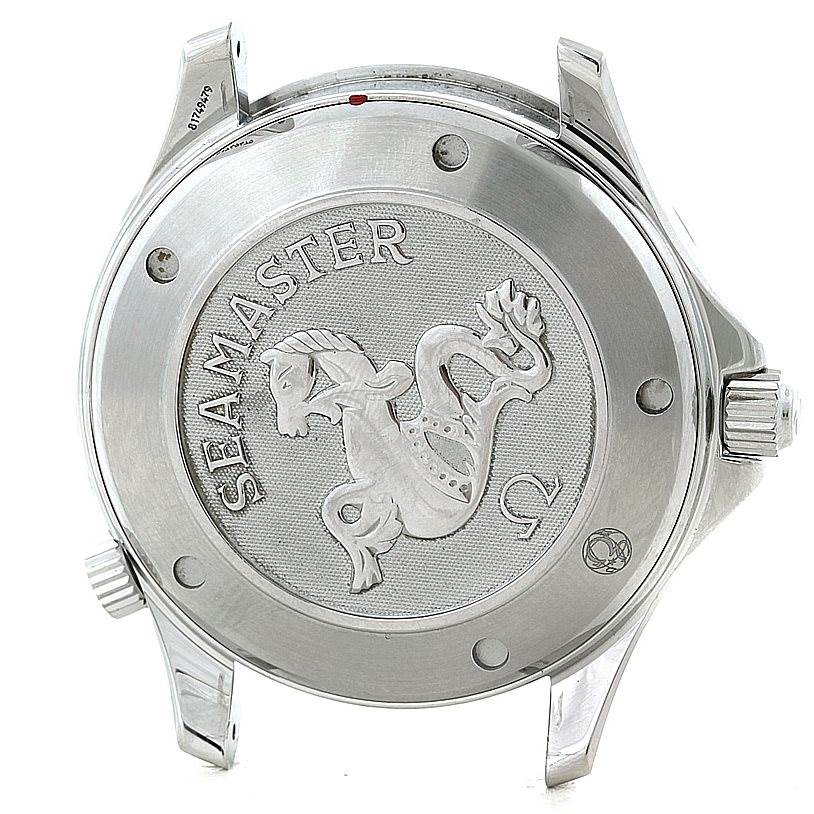 The image shows the case back of an Omega Seamaster 2220.80.00 Men
s Stainless Steel Blue Dial 2220.80.00 Men
s Stainless Steel Blue Dial watch, featuring the Seahorse emblem and the word "Seamaster."