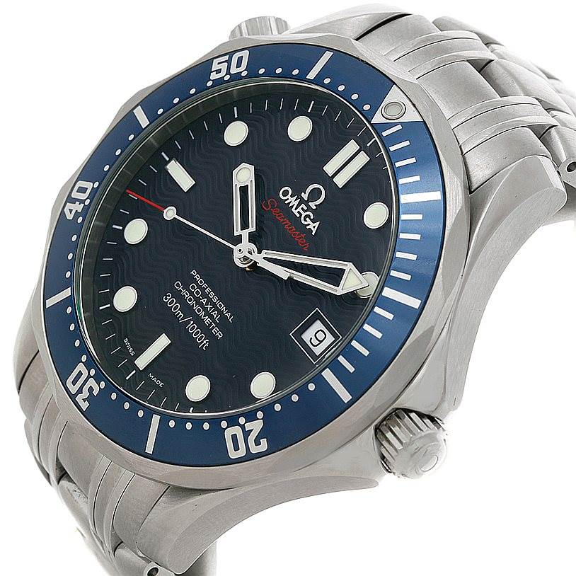 The Omega Seamaster 2220.80.00 Men
s Stainless Steel Blue Dial 2220.80.00 Men
s Stainless Steel Blue Dial watch is shown at an angled close-up, highlighting the dial, bezel, and part of the metal strap.