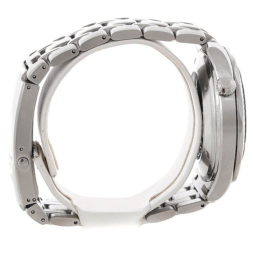 The image shows a side view of an Omega Seamaster 2220.80.00 Men
s Stainless Steel Blue Dial 2220.80.00 Men
s Stainless Steel Blue Dial watch, highlighting the metal bracelet and the crown on the right side.