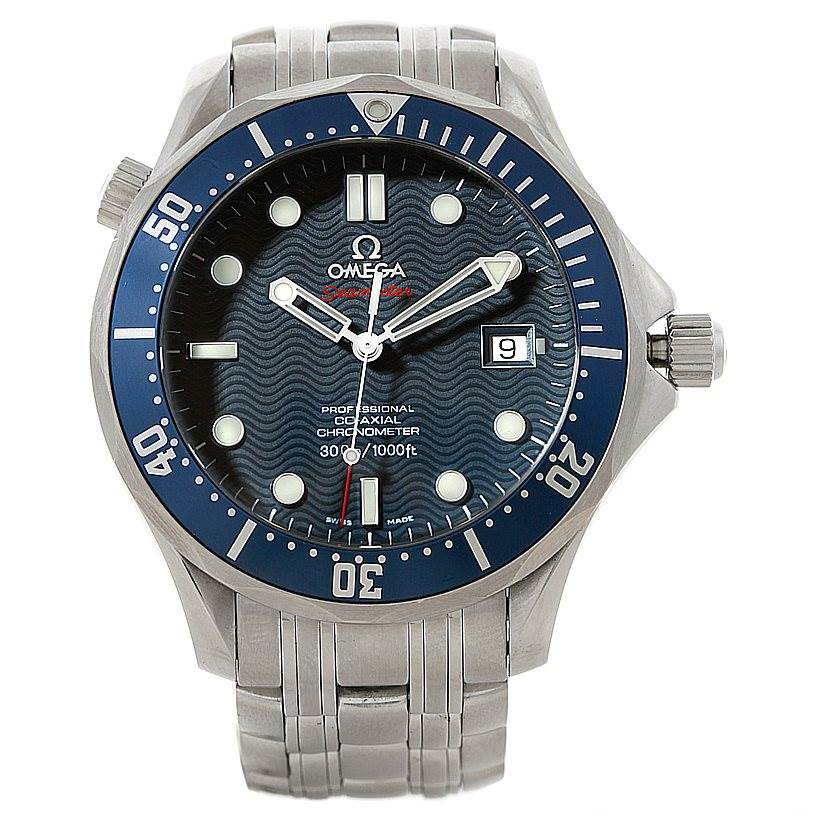 The Omega Seamaster 2220.80.00 Men
s Stainless Steel Blue Dial 2220.80.00 Men
s Stainless Steel Blue Dial watch is shown from a front angle, displaying its face, bezel, and metal bracelet.