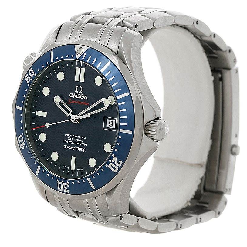 This image shows a side-angle view of an Omega Seamaster 2220.80.00 Men
s Stainless Steel Blue Dial 2220.80.00 Men
s Stainless Steel Blue Dial watch, highlighting the face, bezel, crown, and part of the bracelet.