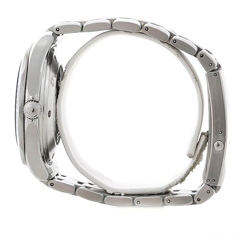 The Omega Seamaster 2220.80.00 Men
s Stainless Steel Blue Dial 2220.80.00 Men
s Stainless Steel Blue Dial watch is shown from a side angle, highlighting the case, crown, and bracelet links.