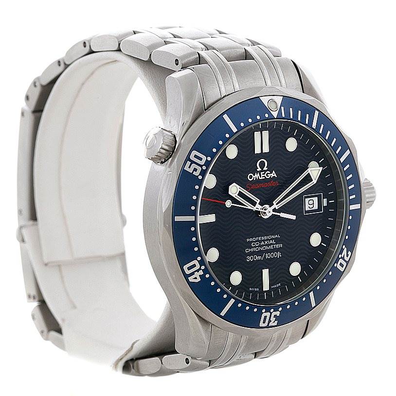 The Omega Seamaster 2220.80.00 Men
s Stainless Steel Blue Dial 2220.80.00 Men
s Stainless Steel Blue Dial watch is shown at an angle revealing the front dial, bezel, crown, and part of the metal bracelet.