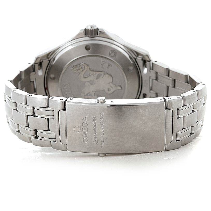 The Omega Seamaster 2220.80.00 Men
s Stainless Steel Blue Dial 2220.80.00 Men
s Stainless Steel Blue Dial watch is shown from the back, highlighting the clasp, bracelet, and case back.