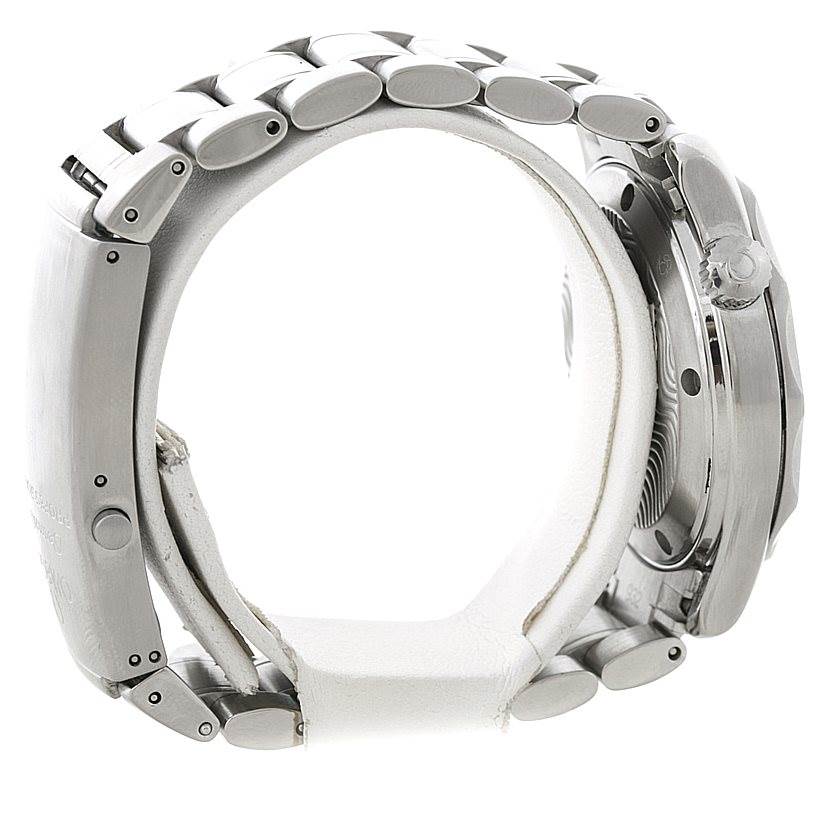 The image shows a side view of an Omega Seamaster 2262.50.00 Men
s Stainless Steel Black Dial 2262.50.00 Men
s Stainless Steel Black Dial watch, focusing on the case side, crown, and metal bracelet.