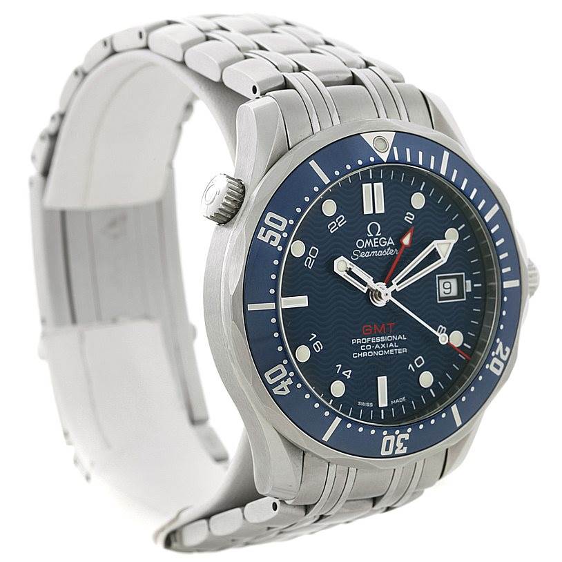 The Omega Seamaster 2535.80.00 Men
s Stainless Steel Blue Dial 2535.80.00 Men
s Stainless Steel Blue Dial watch is shown at a three-quarter angle, displaying the face, bezel, crown, and part of the strap.