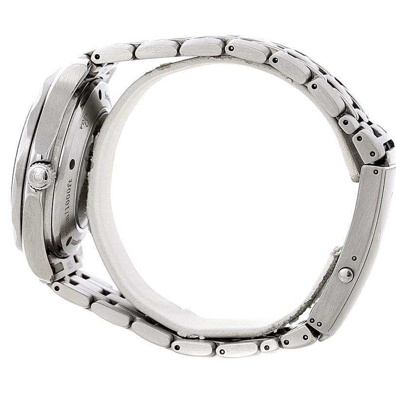 The image shows a side profile of an Omega Seamaster 2535.80.00 Men
s Stainless Steel Blue Dial 2535.80.00 Men
s Stainless Steel Blue Dial watch, focusing on the crown, case, and metal bracelet.