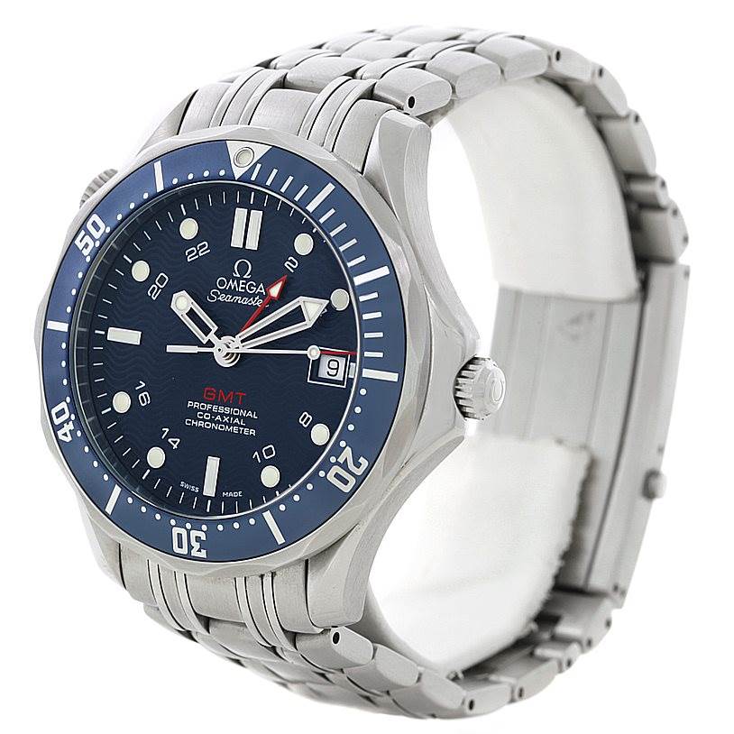 The Omega Seamaster 2535.80.00 Men
s Stainless Steel Blue Dial 2535.80.00 Men
s Stainless Steel Blue Dial watch is shown at a three-quarter angle, highlighting its face, bezel, crown, and stainless steel bracelet.