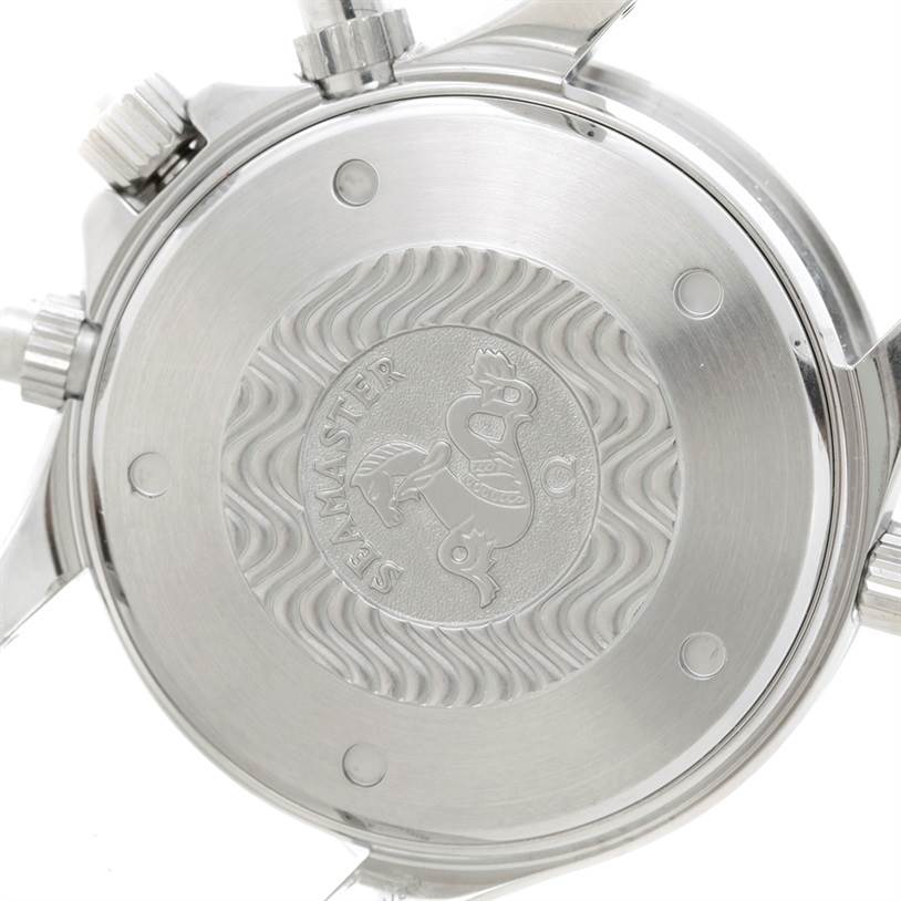 The image shows back view of an Omega Seamaster 2598.20.00 Men
s Stainless Steel White Dial 2598.20.00 Men
s Stainless Steel White Dial watch, highlighting the caseback and crown.