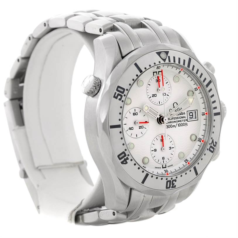 The Omega Seamaster 2598.20.00 Men
s Stainless Steel White Dial 2598.20.00 Men
s Stainless Steel White Dial watch is shown at a three-quarter angle, displaying the face, bezel, crown, and part of the bracelet.