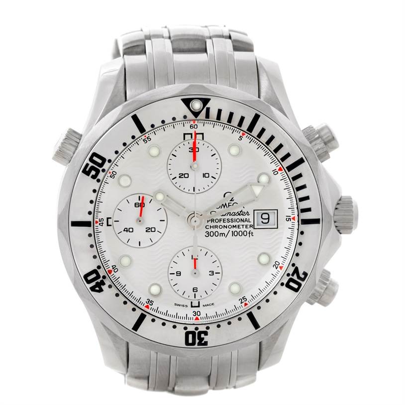 The Omega Seamaster 2598.20.00 Men
s Stainless Steel White Dial 2598.20.00 Men
s Stainless Steel White Dial watch is shown from a front angle, displaying the face, bezel, and bracelet.