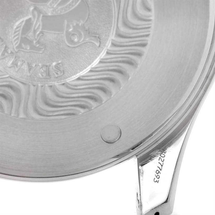 This image shows the case back of the Omega Seamaster 2598.20.00 Men
s Stainless Steel White Dial 2598.20.00 Men
s Stainless Steel White Dial watch, highlighting the engraved logo and part of the serial number.