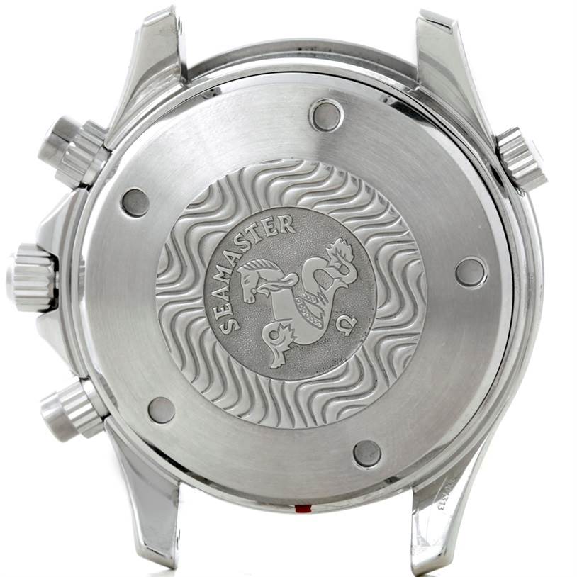 The image shows the case back and side pushers of an Omega Seamaster 2599.80.00 Men
s Stainless Steel Blue Dial 2599.80.00 Men
s Stainless Steel Blue Dial watch.