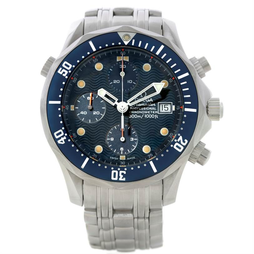 The Omega Seamaster 2599.80.00 Men
s Stainless Steel Blue Dial 2599.80.00 Men
s Stainless Steel Blue Dial watch is shown from a front angle, highlighting its face, bezel, bracelet, and crown.