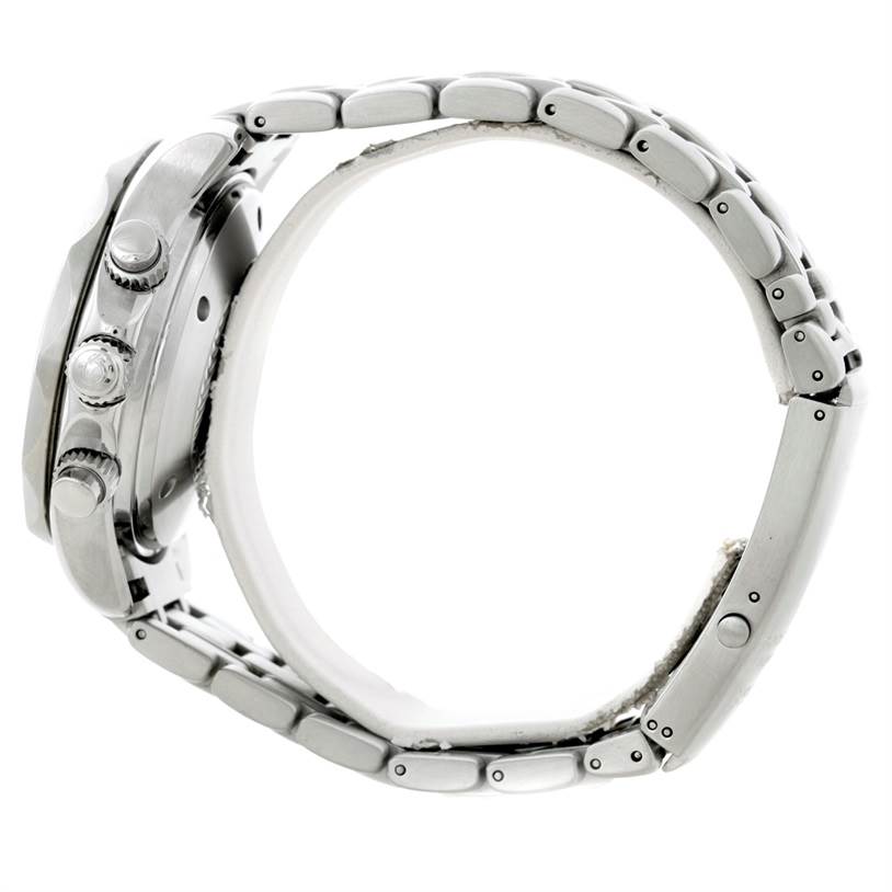 The Omega Seamaster 2599.80.00 Men
s Stainless Steel Blue Dial 2599.80.00 Men
s Stainless Steel Blue Dial watch is shown from the side, highlighting the case, crown, and part of the metal bracelet.