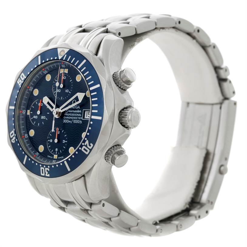 The image shows a right-side angle of the Omega Seamaster 2599.80.00 Men
s Stainless Steel Blue Dial 2599.80.00 Men
s Stainless Steel Blue Dial watch, highlighting the crown, pushers, dial, and bracelet.