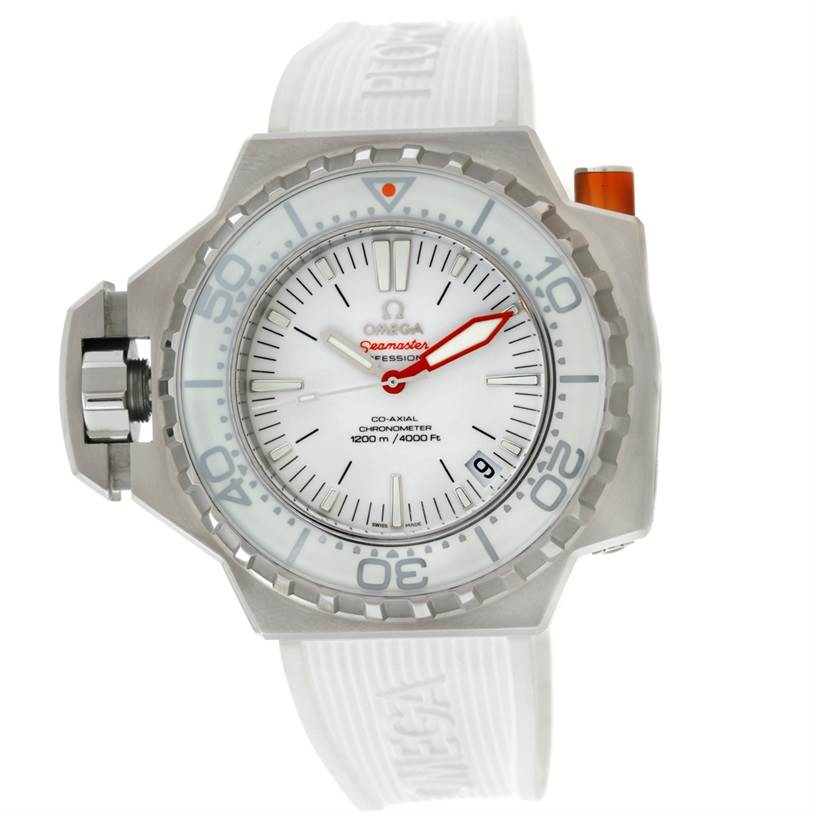 This image shows a front view of the Omega Ploprof 224.32.55.21.04.001 Men's Stainless Steel White Dial 224.32.55.21.04.001 Men's Stainless Steel White Dial watch, showcasing the dial, hands, bezel, and strap.