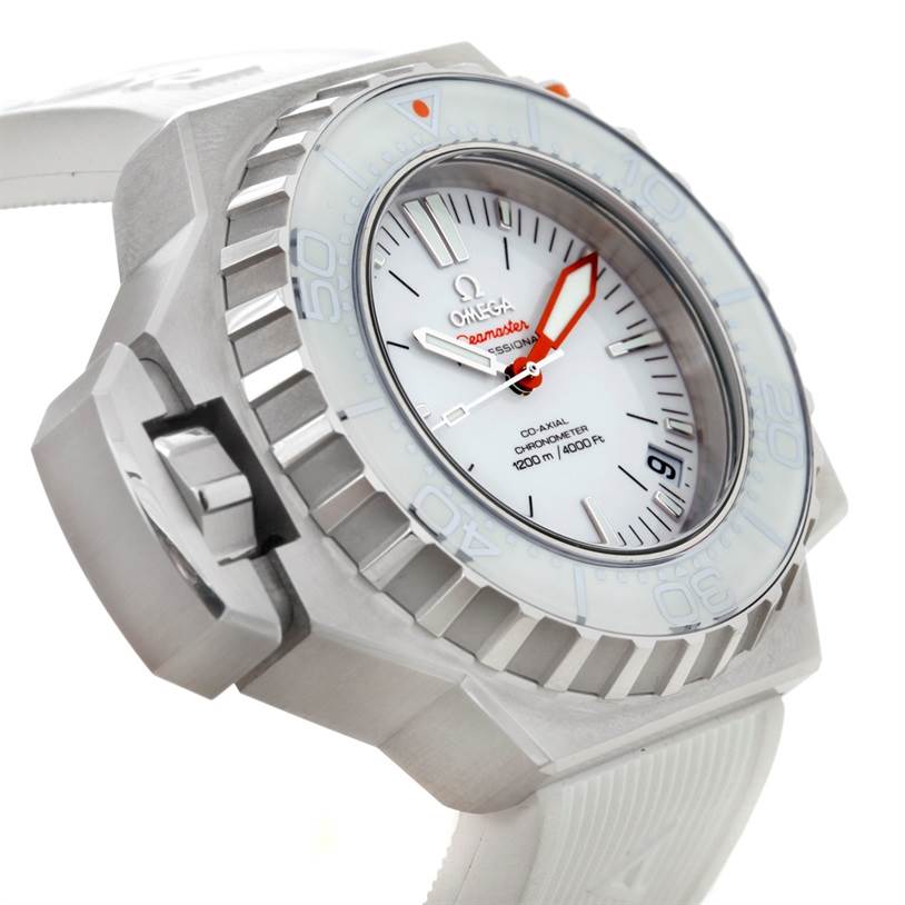 This image shows an angled view of the Omega Ploprof 224.32.55.21.04.001 Men's Stainless Steel White Dial 224.32.55.21.04.001 Men's Stainless Steel White Dial watch, highlighting its bezel, dial, and case.