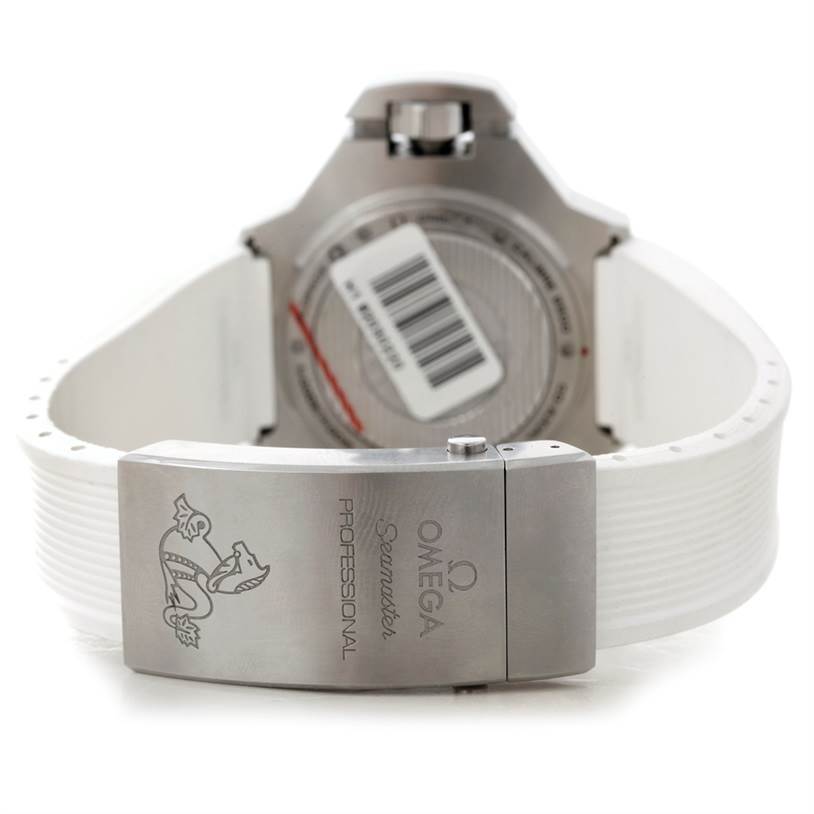 The image shows the backside, clasp, and back case of the Omega Ploprof 224.32.55.21.04.001 Men's Stainless Steel White Dial 224.32.55.21.04.001 Men's Stainless Steel White Dial Seamaster watch, featuring a white strap.