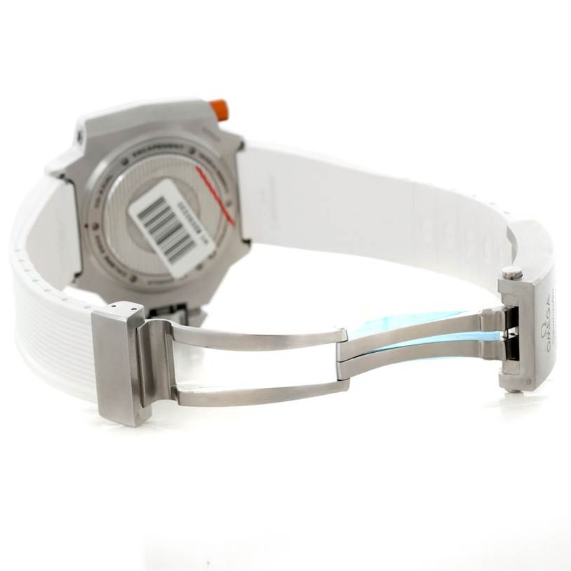 The image shows the back of an Omega Ploprof 224.32.55.21.04.001 Men's Stainless Steel White Dial 224.32.55.21.04.001 Men's Stainless Steel White Dial watch, highlighting its clasp and part of the strap.