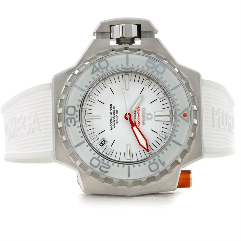 This image shows a front view of the Omega Ploprof 224.32.55.21.04.001 Men's Stainless Steel White Dial 224.32.55.21.04.001 Men's Stainless Steel White Dial model watch, highlighting its dial, bezel, crown guard, and strap.