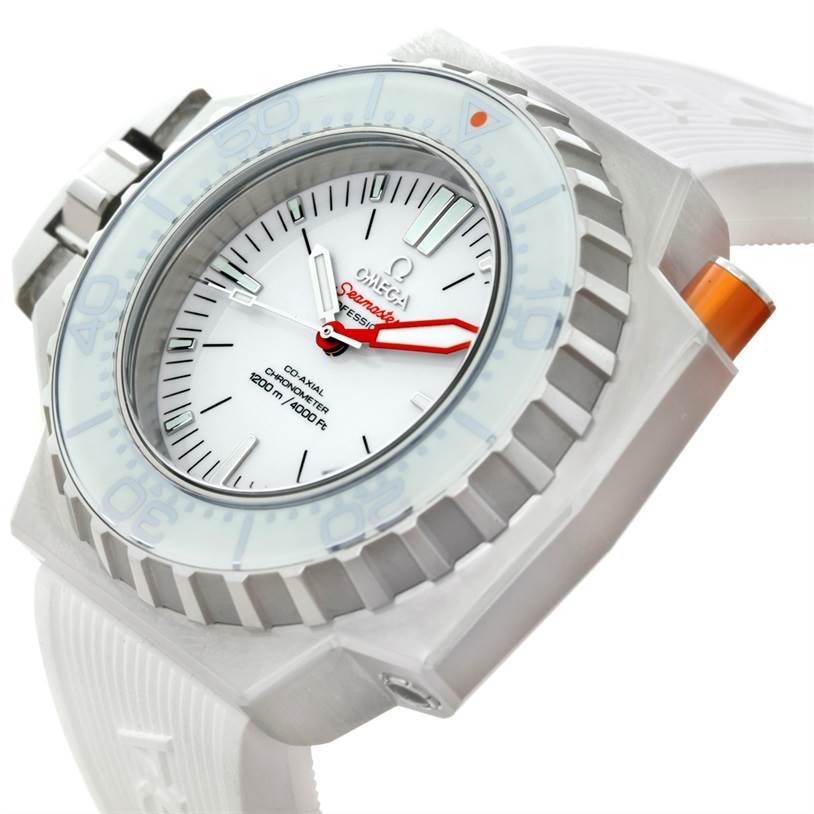 The Omega Ploprof 224.32.55.21.04.001 Men's Stainless Steel White Dial 224.32.55.21.04.001 Men's Stainless Steel White Dial watch is shown at a slight angle, highlighting its white dial, bezel, and part of the strap.