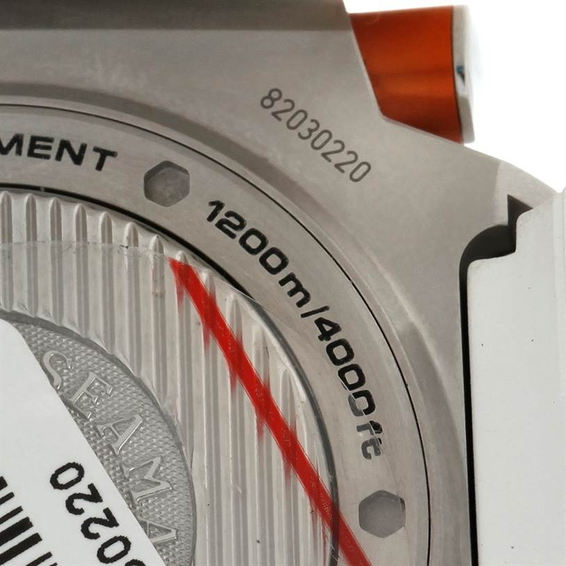 The image shows a close-up of the Omega Ploprof 224.32.55.21.04.001 Men's Stainless Steel White Dial 224.32.55.21.04.001 Men's Stainless Steel White Dial's case back, highlighting the 1200m/4000ft water resistance.