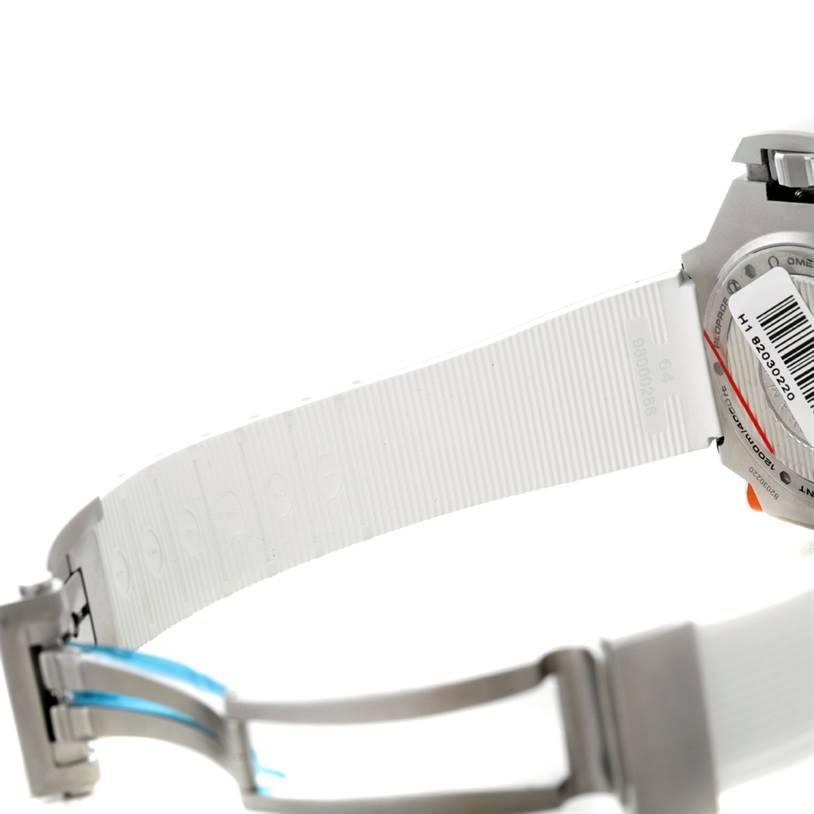This image shows the back casing and white strap of the Omega Ploprof 224.32.55.21.04.001 Men's Stainless Steel White Dial 224.32.55.21.04.001 Men's Stainless Steel White Dial watch at an angle highlighting the clasp and watch back.