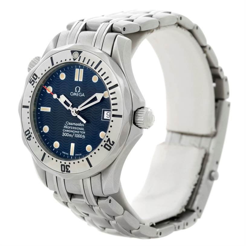 The image shows a side angle of the Omega Seamaster 2552.80.00 Men
s Stainless Steel Blue Dial 2552.80.00 Men
s Stainless Steel Blue Dial watch, highlighting the dial, bezel, case, and part of the bracelet.