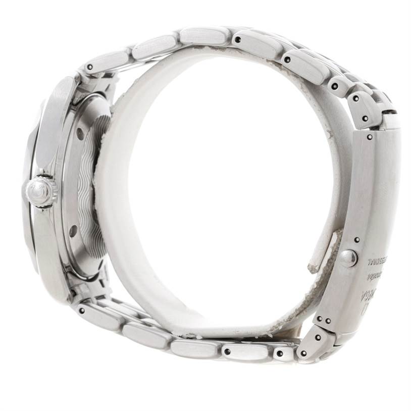 The image shows a side profile of the Omega Seamaster 2552.80.00 Men
s Stainless Steel Blue Dial 2552.80.00 Men
s Stainless Steel Blue Dial watch, highlighting the crown, case, and metal bracelet.