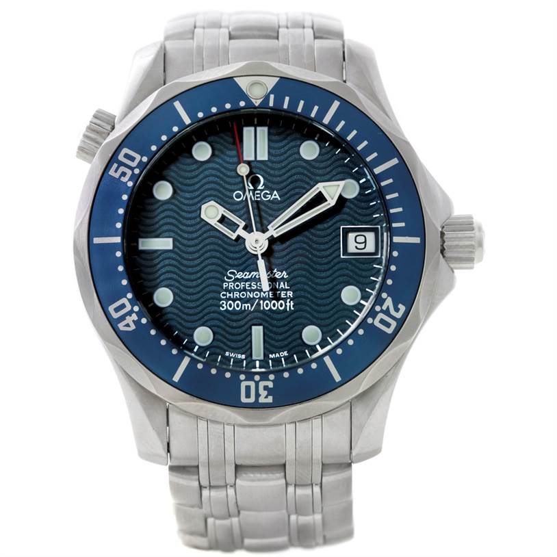 The Omega Seamaster 2551.80.00 Men
s Stainless Steel Blue Dial 2551.80.00 Men
s Stainless Steel Blue Dial watch is shown from a front angle, displaying the dial, bezel, and bracelet prominently.