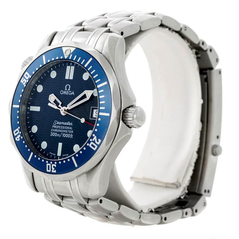 The Omega Seamaster 2551.80.00 Men
s Stainless Steel Blue Dial 2551.80.00 Men
s Stainless Steel Blue Dial watch is shown from an angled side view, displaying the dial, bezel, crown, and part of the bracelet.