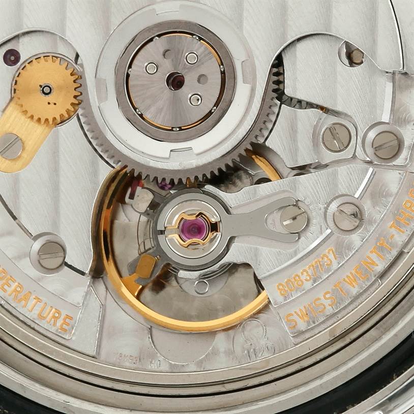 This close-up shows the intricate movement and internal mechanics of an Omega Seamaster 2551.80.00 Men
s Stainless Steel Blue Dial 2551.80.00 Men
s Stainless Steel Blue Dial watch.