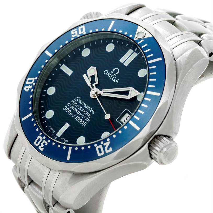 The Omega Seamaster 2551.80.00 Men
s Stainless Steel Blue Dial 2551.80.00 Men
s Stainless Steel Blue Dial watch is shown at an angled close-up view, highlighting the face, bezel, and part of the stainless steel bracelet.