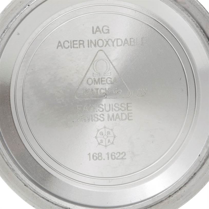 This image shows the interior case back of an Omega Seamaster 2551.80.00 Men
s Stainless Steel Blue Dial 2551.80.00 Men
s Stainless Steel Blue Dial watch, highlighting inscriptions and logos.