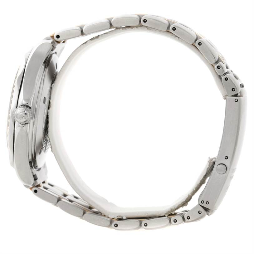 The image shows a side profile angle of an Omega Seamaster 2455.50.00 Men
s Stainless Steel Black Dial 2455.50.00 Men
s Stainless Steel Black Dial watch, highlighting the watch case, crown, and bracelet links.