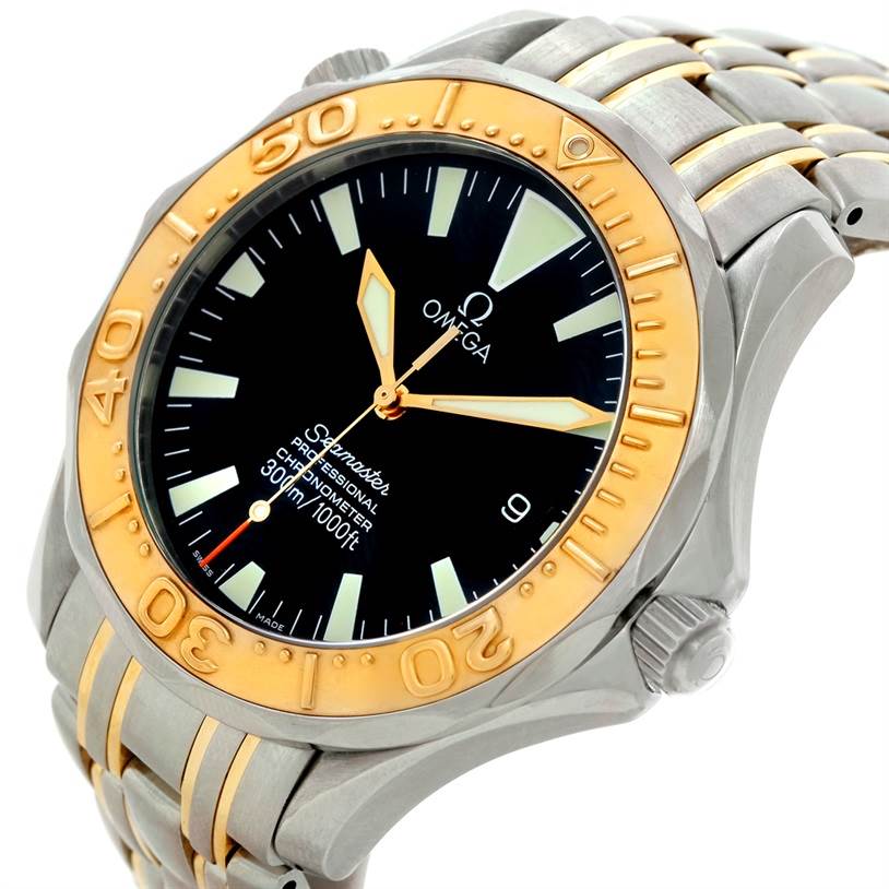 The image shows an Omega Seamaster 2455.50.00 Men
s Stainless Steel Black Dial 2455.50.00 Men
s Stainless Steel Black Dial watch from an angled side view, highlighting the bezel, dial, crown, and part of the bracelet.