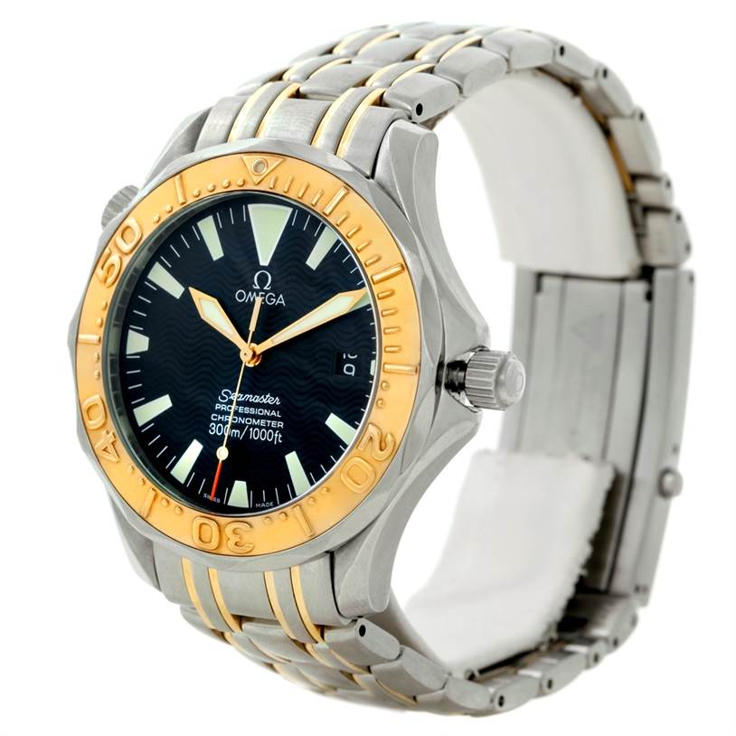 The image shows an Omega Seamaster 2455.50.00 Men
s Stainless Steel Black Dial 2455.50.00 Men
s Stainless Steel Black Dial watch at a three-quarter angle, highlighting the face, bezel, crown, and bracelet.